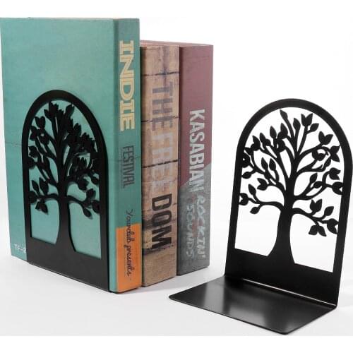 1 Pair Black Metal Hollow Tree Non-Slip Bookend Bracket Desktop Office Home Heavy Book End Office Book Stopper