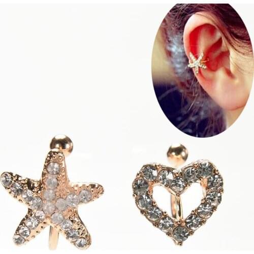 1Pc Crystal Star Clip Earing Starfish Ear Cuff Chic Heart Clip Earring Oorbellen Brincos Without Piercing