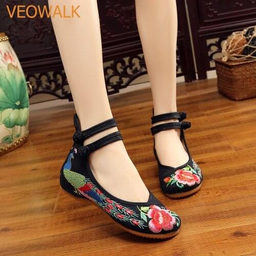 Veowalk Peacock Embroidered Women Casual Canvas Ballet Flats High Top Ankle Strap Fabric Chinese Embroidery Ballerinas Shoes