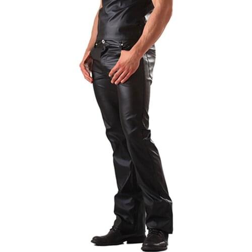 New Plus Size Wetlook Faux Leather Pants Men Metallic Zipper Leather Pants Trousers Pole Dance Black Skinny Club Style Pants