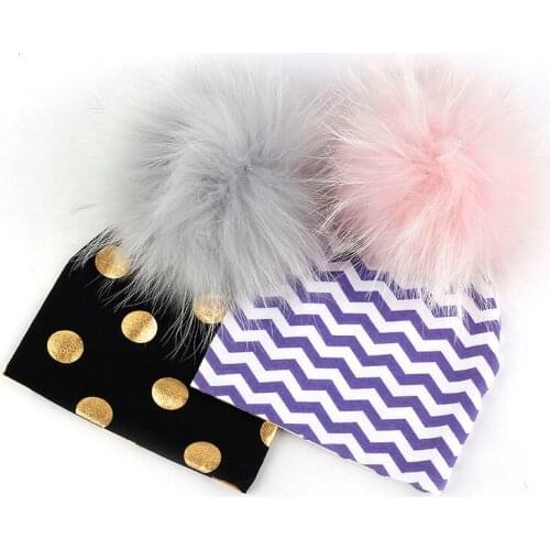 Kids Beanie Solid Color Striped Star Pattern Fashion Hat With Real Pompom Elastic Warm Baby Caps Soft Windproof Skullies Bonnet