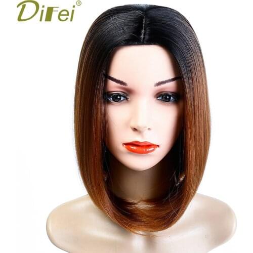 DIFEI Synthetic Bob Wig Ombre Blonde Straight Hair Wigs for Black Women Side Part Two Colorful Ombre Heat Resistant Wigs