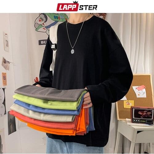 LAPPSTER Men Graphic Oversized T Shirt 2020 Mens Harajuku 10 Colors Solid Long Sleeve Tshirts Korean Fashion Black Tops Tees 5XL