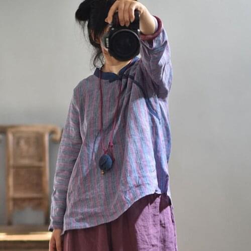 Johnature Cotton Linen Retro Plate Buckle Stand Long Sleeve Striped Shirt 2021 Autumn New Loose Comfortable All-match Women Tops