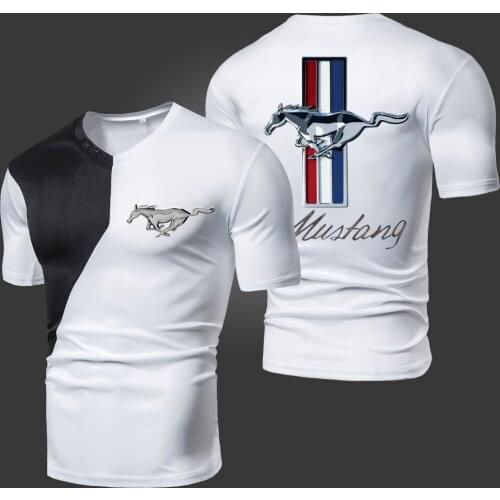 2021 Summer New Mustang Mens T-Shirts Solid Color Splicing Casual Breathable Sports Slim Fitting Short Sleeve V-Neck Spotswear