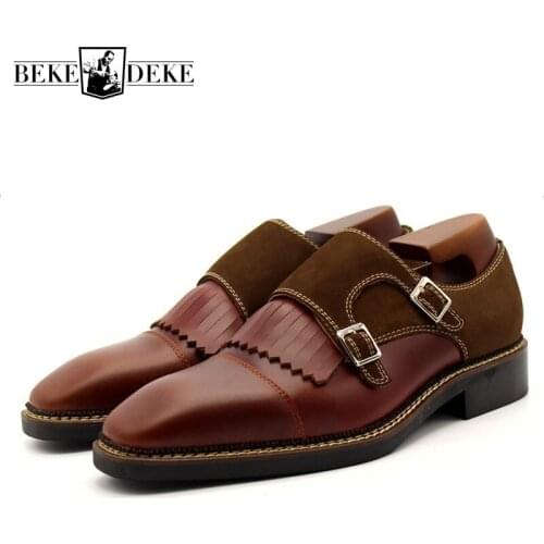 Handmade Men Luxury Genuine Leather Dress Shoes Spliced Tassels British Business Man Formal Footwear Buckle Slip On Office Shoes
