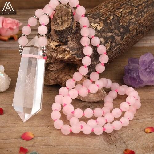 Natural White Quartz Double Point Pendant Matted Round Pink Roses Quartz Beads Knotted Handmade Necklace Women Jewelry Dropship
