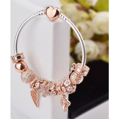 NEW 100% 925 Sterling Silver Rose gold Heart bracelet suits Clear CZ Flower Charm Bead fit Bracelet DIY For Women Jewelry