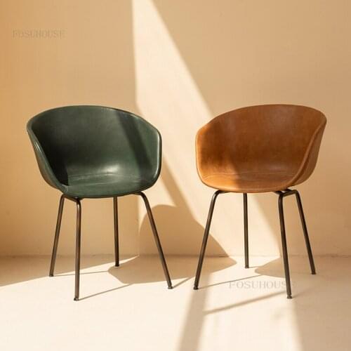 Nordic Dining Chair for Kitchen Industrial Soft Wrapped Luxury Leather Chair Modern Simple Home Backrest Wrought Iron Armchair