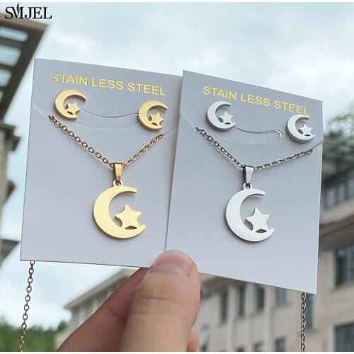 Romantic Stainless Steel Moon Star Necklaces Earrings Fashion New Crescent Moon Earrings Gold Color Jewelry Sets Children Gifts