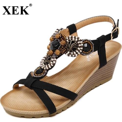 XEK Bohemia Wedge Women Sandals Summer Vintage Rhinestone Woman Flip Flops Beach Women Shoes Heel 6 cm GSS86