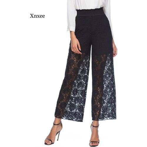 Plus Size Loose Summr Spring Woman Hollow Out lace pant Wide Leg High Waist sexy See Through elegant party beach trousers Pants