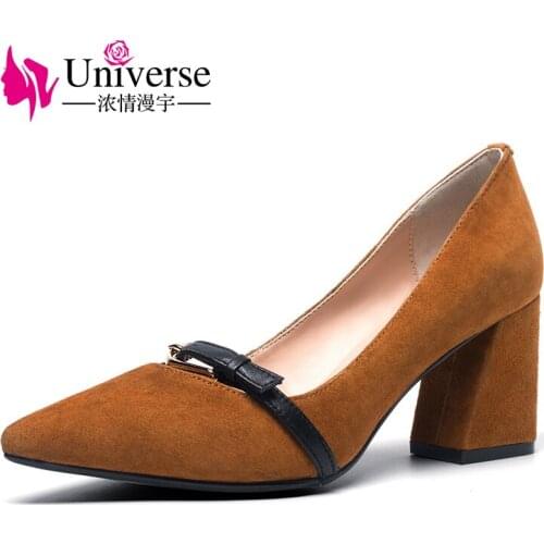 Universe elegant chunky heel women high heel pumps kid suede upper buckle decoration ladies shoes H014