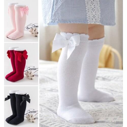 Infant Princess Ruffled Cotton Breathable Long Tube Stocking Newborn Baby Girls Knee High Socks Cute Bowknot Solid Color Toddler