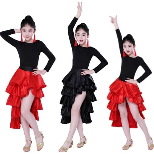 2019 child Smooth Satin Ruffles High-Low Multilayer Self-tie Up Latin Dance Skirt child Performance Costume Belly Dance Skirt