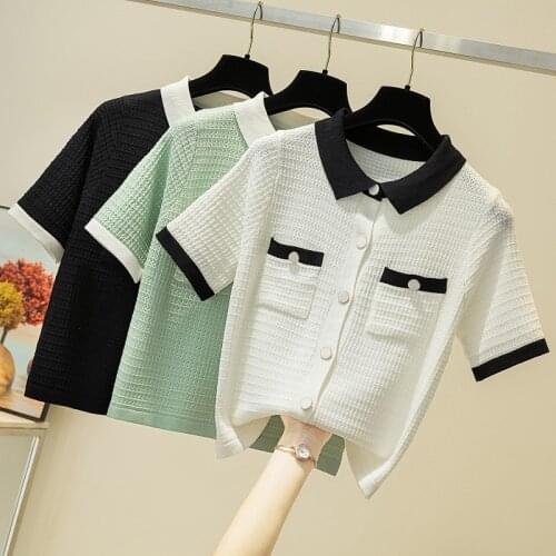 Summer Elegant Thin Knitted T-shirt For Women Turn Down Collar Buttons Pockets Tops Vintage Vintage T Shirts Korean 2021 Outwear