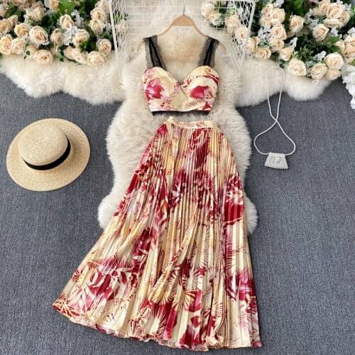 FTLZZ New Summer Casual Female Floral Print Two Piece Set Lace Spaghetti Strap Strapless Crop Top and Mid-long Skirt