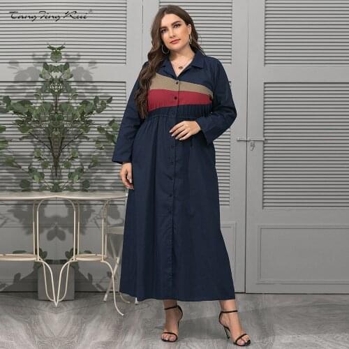 Women Contrast Color Splicing Dress Blue Big Shirts Buttons Long Sleeve Elegant Autumn Office Maxi Dress Plus Size 4XL 2021 New