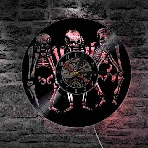 Evil Skull LED Lighting Wall Light LED Backlight Modern Night Light Skulls Vinyl Record Wall Clock Gift For Skull Lover