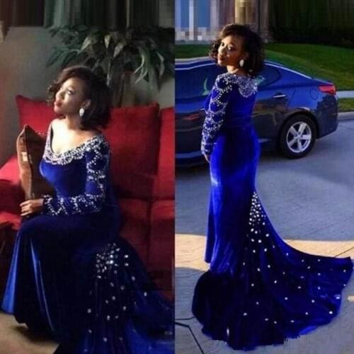 2019 Black Girls Mermaid Aso Ebi Evening Gowns Royal Blue V-Neck Long Sleeve Lace Applique Sequins Sweep Train Party Prom Dresse