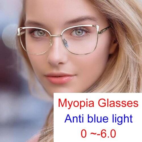 2021 Fashion Cat Eye White Rimmed Glasses Women Myopia Prescription Eyeglasses -1 -2.5 Spring Hinge Computer Blue Light Glasses