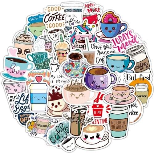 50Pcs Cute Coffee Stickers Vinyl Waterproof Stickers For Hydroflask Luggage Bike Skateboard Car DIY Toy Graffiti Stickers Pack