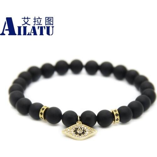 Ailatu Mens Fashion Bracelet Micro Inlay Zircon Eye Pendants Natural Matte Stone Stretchable Beads Jewelry