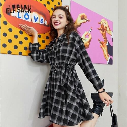 ELFSACK Plaid British Straight Casual Belted Dress Women,2021 Autumn Vintage,High Waist Women Preppy Dresses