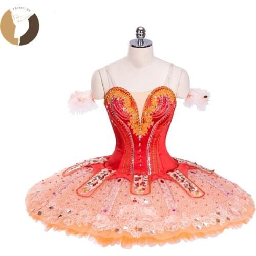 FLTOTURE Women Professional Classical Performance Ballet Pancake Tutu Girl Bright Red Stage Costumes Paquita Flamingo Tutu Dress