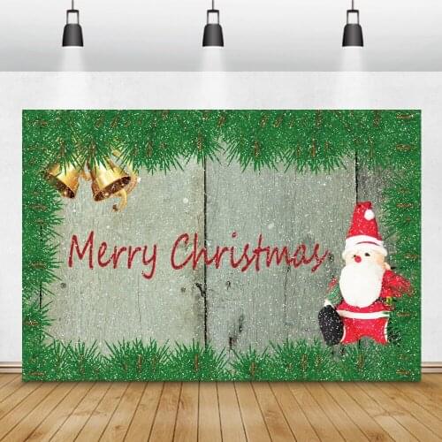 Merry Christmas Bells Photo Backdrop Cartoon Santa Claus Winter Snowflake Pine Leaves Wood Boards Photography Background Banner