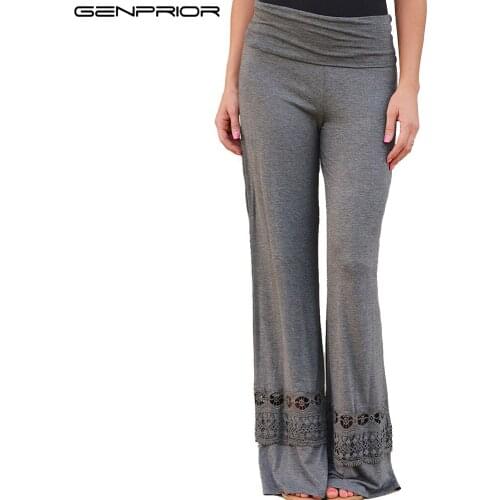 GENPRIOR Women Elastic Cotton Wide Leg Trousers 2018 Lady Knitted Casual Loose Lace Patchwork Plus Size Female Joint Long Pants