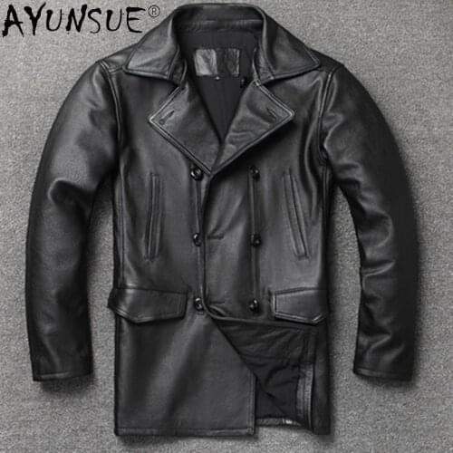 AYUNSUE Mens Jacket 2021 Genuine Cow Leather Jacket Men Clothing Korean Windbreaker Leather Trench Coats Chaqueta Cuero Hombre
