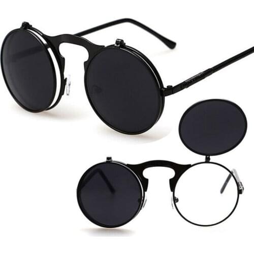 Male Steampunk Sunglasses Round glasses Flip Double Sun Glasses Men circle sunglasses for driving mirrored retro oculos de sol