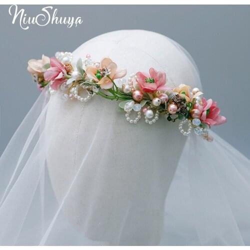 NiuShuya New Design Romantic Pink Artificial Flower Pearl Garland Hairband Headpieces Children Bride Noiva Hair Ornament