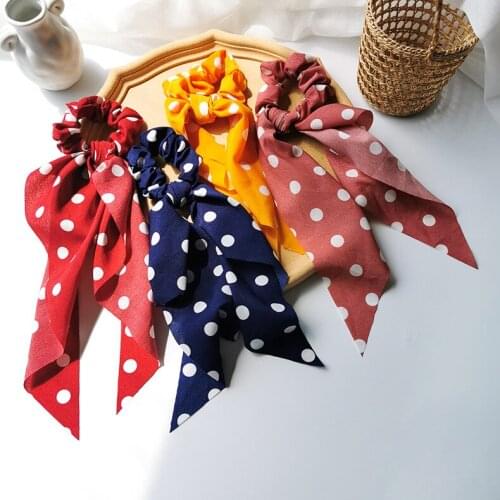 Women 2020 New Trendy Dot Print Long Bow Tassel Elastic Hair Bands For Girls Fashion Hair Accessories Ponytail Holder
