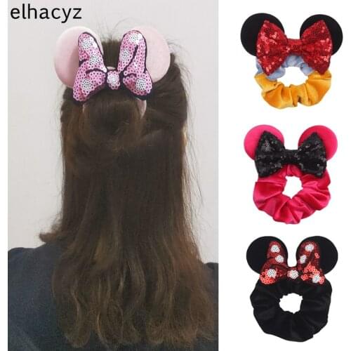 2021 New Trendy Mouse Ears Sequins Bow Women Velvet Scrunchies Fashion Waist Hair Bands Headband Pretty Hair Ties Girls Headwear