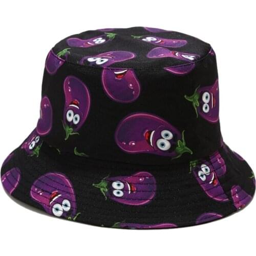 Unisex Novelty Cartoon Vegetable Eggplant Print Bucket Hat Reversible Harajuku Hip Hop Sunscreen Panama Fisherman Cap