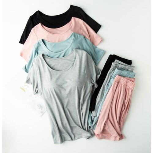 Casual Loose Pajamas for Women Short Sleeve Pijamas Women Sleepwear Bra pad and Shorts Ladies Set Pyjama Femme Loungewear