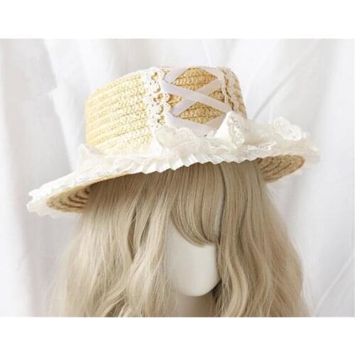 Lolita Lace Straw Hat Flower Wedding Round Flat Cap Summer Sunhat Handmade Strawhat Beach Cap B1324