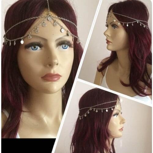 HOT Fashion Jewelry Bohemian Forehead Dance tiara noiva Hairband Style Headwear Sequins Circle Drop Head Chain Accessories
