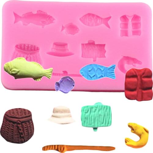 Fishing Tackle Fish Hat Fishing Rod Silicone Mold Cupcake Topper Fondant Molds Cake Decorating Tools Chocolate Gumpaste Moulds