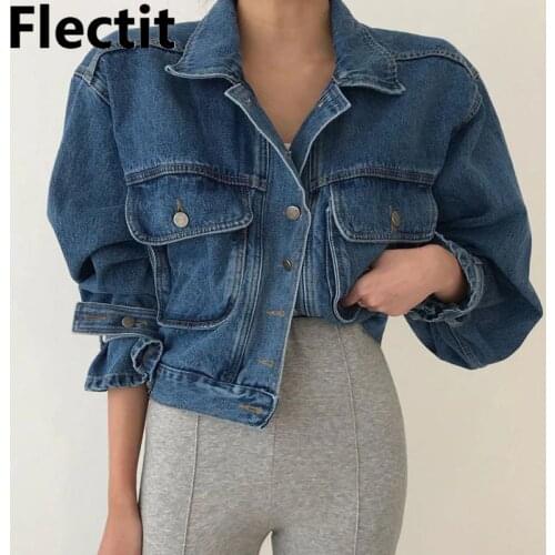 Flectit Womens '80s Cropped Denim Jacket Vintage Patch Pocket Biker Jacket Female Jean Jacket Coat