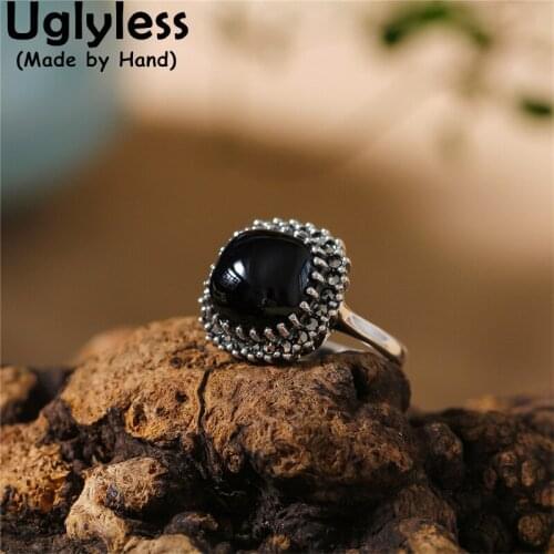 Uglyless Natural Black Agate Square Rings for Women Simple Geometric Thai Silver Jewelry 925 Sterling Silver Chalcedony Rings