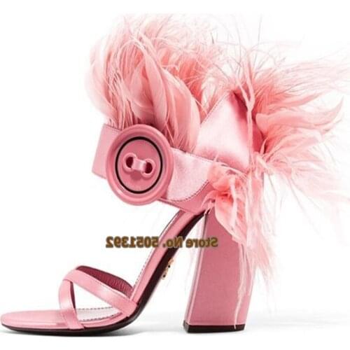 Feather Sandals Woman Chunky Heel Button Decor Sexy Open Toe Square High Heel Stage Show Dress Party Shoes Runway Cut Out
