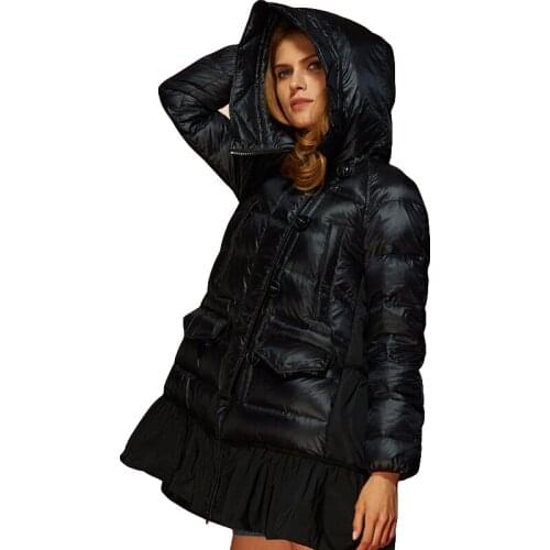 Women down jacket 90%duck down parkas long coat outwear womens winter hooded long sleeve ruffles stitching loose warm coat
