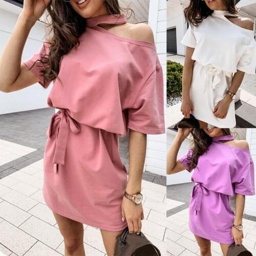 Women Dress Casual Summer Stylish Solid Color Halter One Shoulder Short Sleeve Waist Belt Mini Dress Holiday Beach Sundress