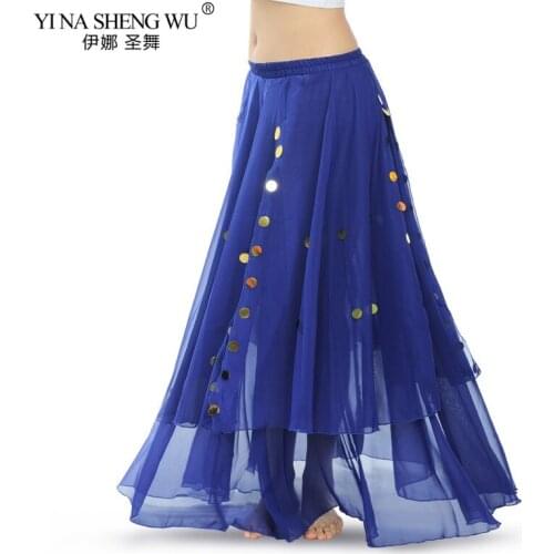 New Women Belly Dance Costume Skirt Chiffon Show India Bellydance Long Swing Dress Sexy Oriental Dance Sequin Performance Skirts
