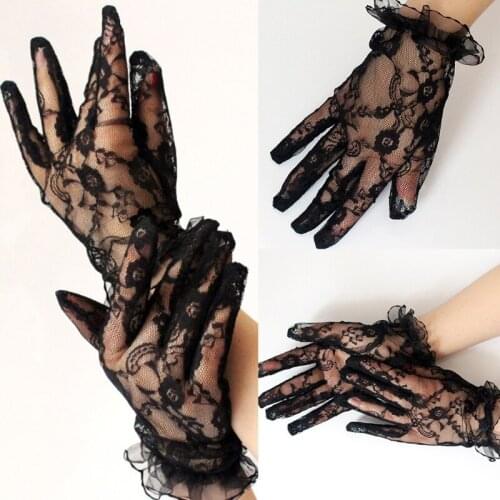 1 Pair Fashion Women Short Sexy Black Lace Mesh Tulle Lace Ruffled Gloves Vintage Sunscreen Mittens for Wedding Emcee ,Party,Din