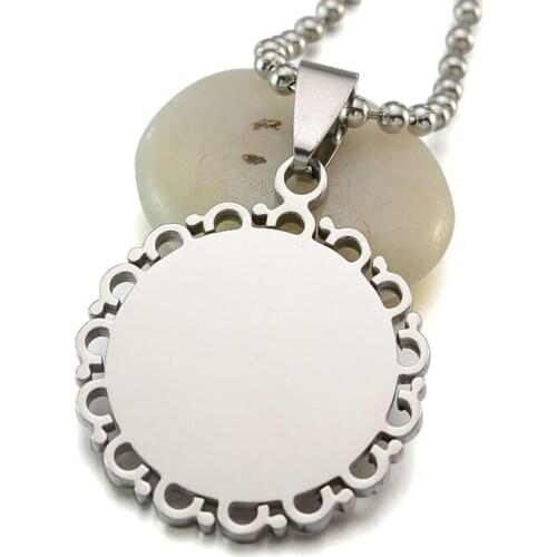 50PCS/LOT Wholesale 2.5 CM High Polished Silver Color Stainless Steel Floral Frame Round Dog Tag Charm Pendant