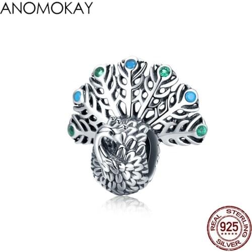Anomokay Cute 3D Opening Peacock S925 Silver Charm fit Bracelet Bangle Sterling 925 Silver Colorful CZ Peacock Bead DIY Jewelry
